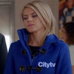 Jane’s cobalt blue toggle coat on Happy Endings