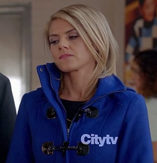 Jane's cobalt blue toggle coat on Happy Endings