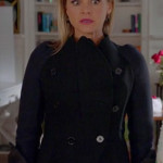 Jane’s navy blue and black contrast jacket with curve on Happy Endings