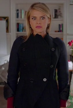 Jane's navy blue and black contrast jacket with curve on Happy Endings