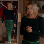 Jane’s green printed pants and black shoulder button top on Happy Endings