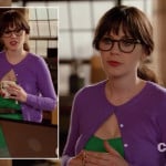 Jess’s purple cardigan and green dress on New girl