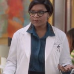 Mindy’s teal blue shirt with beaded collar on The Mindy Project