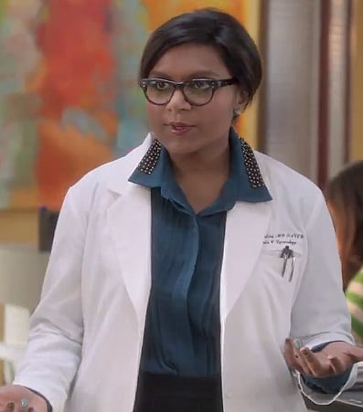 Mindy's teal blue shirt with beaded collar on The Mindy Project