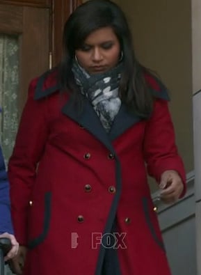 Mindy's red coat with navy trim on The Mindy Project