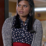 Mindy’s navy blue printed shirt, red skirt and silver metallic cardigan on The Mindy Project