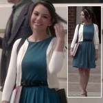 Mona’s teal blue pleated dress on Pretty Little Liars