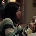 Mouse’s blue, black and white crochet sweater on The Carrie Diaries