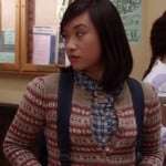 Mouse’s brown striped fair isle cardigan and blue plaid ruffle shirt on The Carrie Diaries