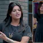 Penny’s black oversized pocket dress with gold necklace and silver cuff on Happy Endings