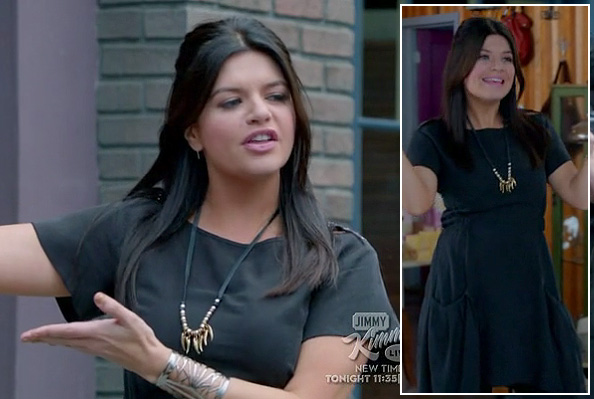 Penny's black oversized pocket dress with gold necklace and silver cuff on Happy Endings