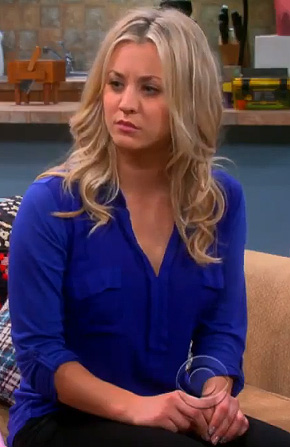 Penny’s cobalt blue shirt with pockets on The Big Bang Theory
