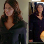 Penny’s navy blue coat with leather details on Happy Endings