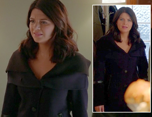 Penny's navy blue coat with leather details on Happy Endings