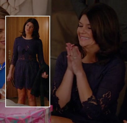 Penny's navy lace engagement party dress on Happy Endings