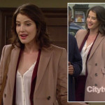 Robin’s white blouse, burgundy pant suit and long beige coat on How I Met Your Mother