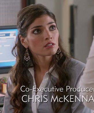 Shauna's glittery chevron / arrow earrings and grey shirt on The Mindy Project