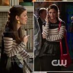 Zoe’s black and white stripe top, asymmetrical leather peplum skirt and yellow earrings on Hart of Dixie