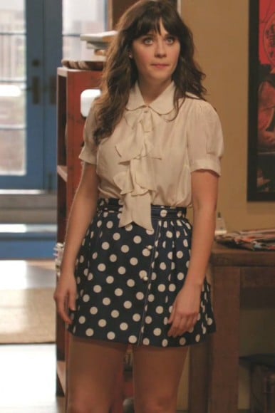 Jess's blue polka dot skirt on New Girl