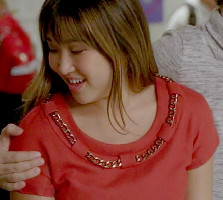 Tina's red dress with chain neckline on Glee