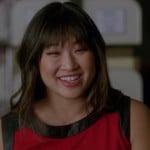 Tina’s red dress with black leather trim on Glee