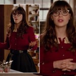 Jess’s burgundy shirt with cream collar on New Girl