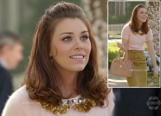 Annabeth's fluffy sweater with gold collar and mustard bow front skirt on Hart of Dixie