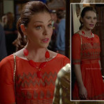 AnnaBeth’s coral orange dress with gold zig zag pattern on Hart of Dixie