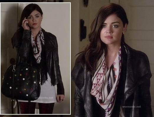 Aria's black multicolored studded bag and leather jacket on Pretty Little Liars