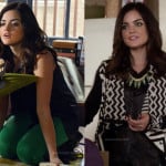 Aria’s green jeans, black and white aztec/geo print jacket and fringed boots on Pretty Little Liars