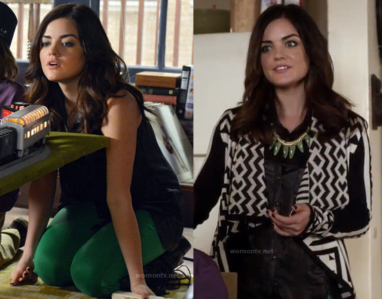 Aria's green jeans, black and white aztec/geo print jacket and fringed boots on Pretty Little Liars