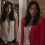 Ashley’s red blazer, white blouse with breast pocket and gold tassel necklace on Revenge