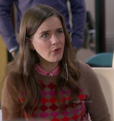 Betsey's brown diamond print sweater on The Mindy Project