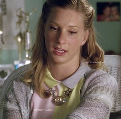 Brittany’s pastel colorblock dress with contrast collar and silver cardigan on Glee
