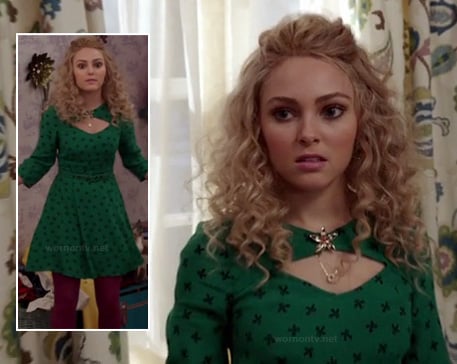 Carrie's green bow print dress with front cutout on The Carrie Diaries