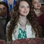 Dorrit’s green and white dress with embellished collar cardigan on The Carrie Diaries