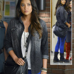 Emily’s grey cheetah print shirt, cobalt blue jeans and black hobo crossbody bag on Pretty Little Liars