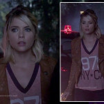 Hanna’s tan leather jacket and “1979” tee on Pretty Little Liars