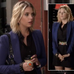 Hanna’s blue blazer, black shirtdress and orange circle statement ring on Pretty Little Liars