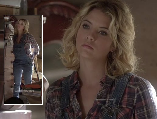 Hanna's pink plaid shirt and denim overalls on Pretty Little Liars