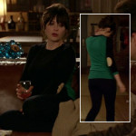 Jess’s navy/black sweater with green back and elbow patches on New Girl