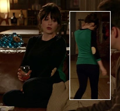 Jess’s navy/black sweater with green back and elbow patches on New Girl