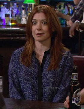 Lily’s blue printed shirt with black contrast trim on How I Met Your Mother