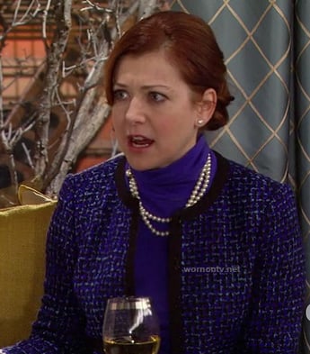 Lily’s blue tweed/boucle jacket with black trim on How I Met Your Mother