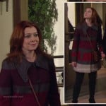 Lily’s grey, red and purple thick stripe coat on How I Met Your Mother