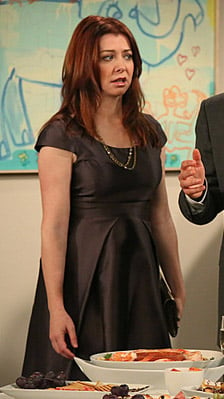 Lily's metallic grey dress with front pleats on How I Met Your Mother