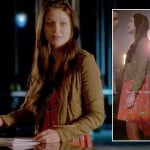 Marley’s orange dipped hem dress and cropped moto jacket on Glee