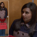 Mindy’s navy colorblock coat and red handbag on The Mindy Project