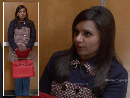 Mindy’s navy colorblock coat and red handbag on The Mindy Project