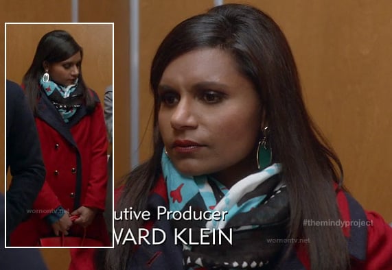 Mindy's red coat and blue scarf on The Mindy Project